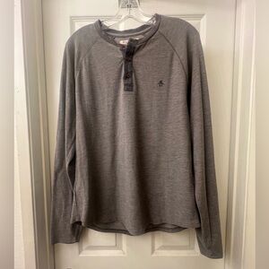 An Original Penguin Men Large Gray Henley Tee T-Shirt Raglan Long Sleeve Heather